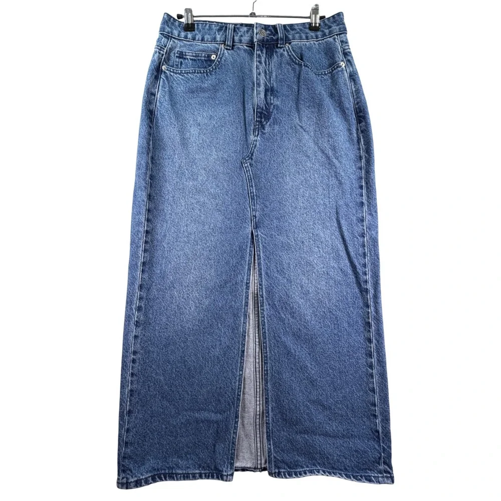 H&M Denim Maxi Skirt 100% Cotton Front Slit Size 6 Blue Streetwear High Rise